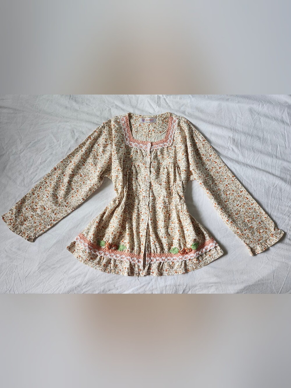 Cream Floral Peasant Blouse with Pink Lace Trim 3D Flowers